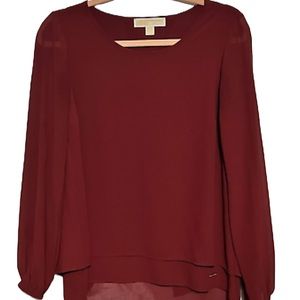 Michael Kors Womens Top Blouse Burgundy Layered Crepe Split Back